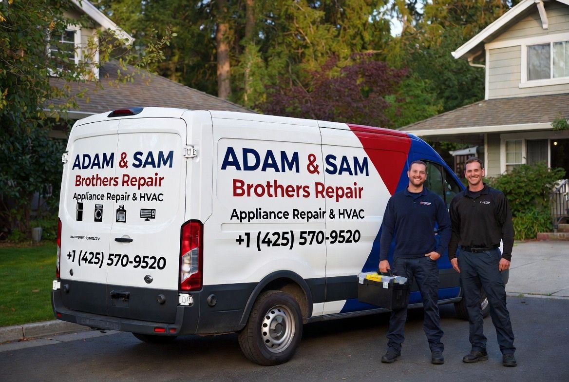 Adam and Sam Brothers Repair technicians with their service van in Mountlake Terrace, WA